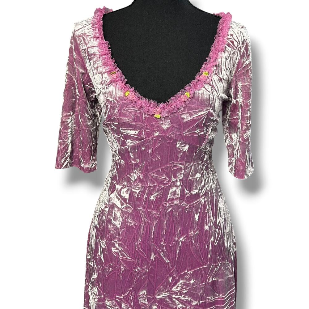 Vintage 90s Y2k Betsey Johnson New York Crushed Velvet Pink Sheath Dress Sz M - Picture 9 of 10